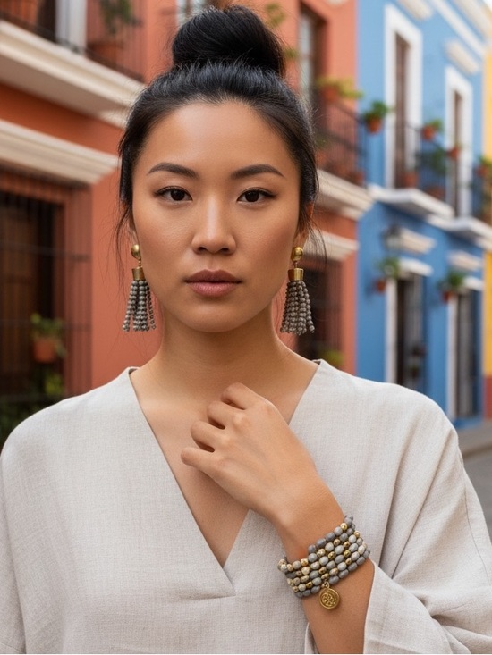 Plunder Jewelry - 2Fer Set of Beaded Tassel Earrings and Bracelets- dark taupe  and Gold